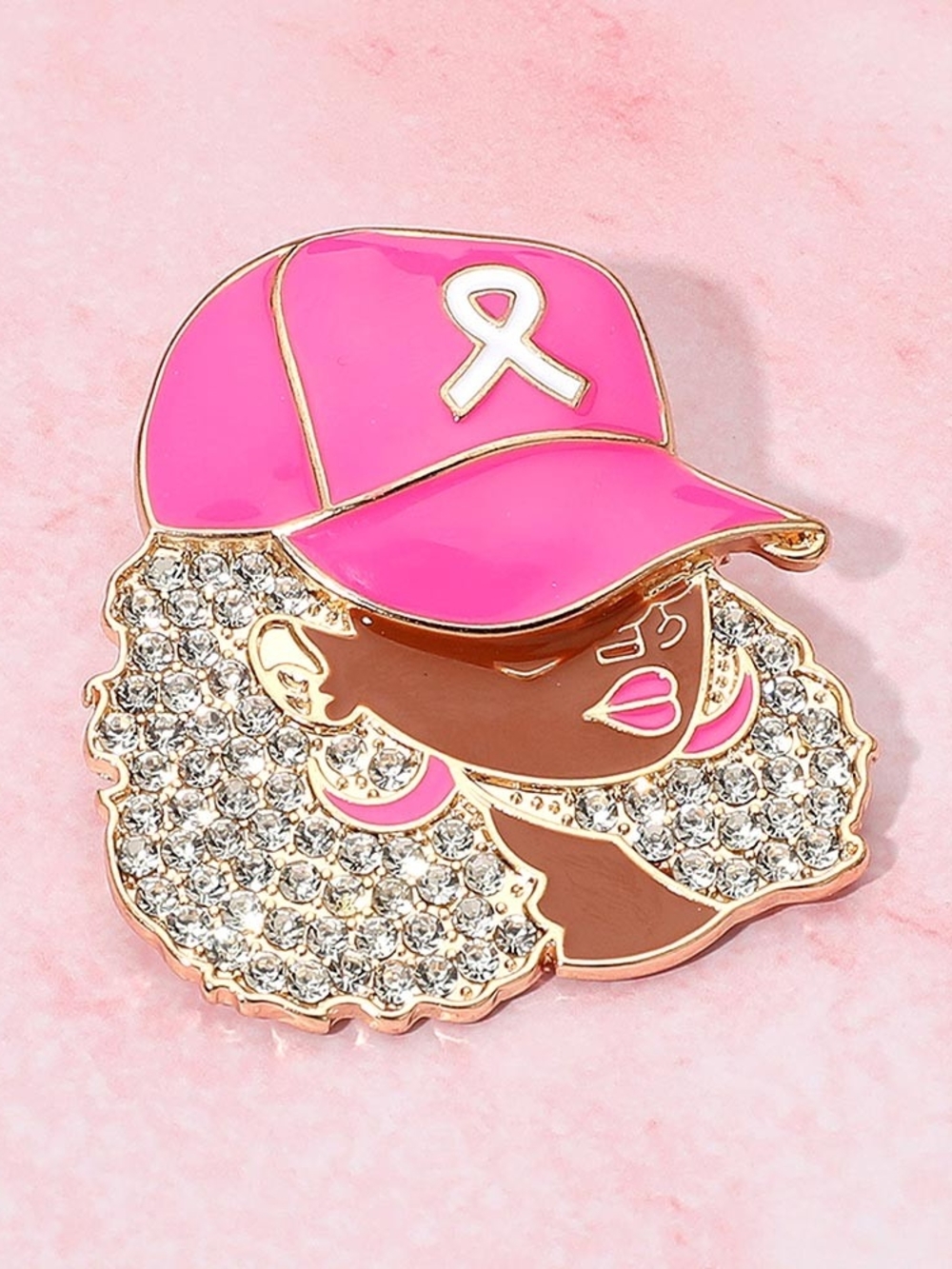 Pink Ribbon Black Girl Magic Hoops Afro Hat Bling Cancer Awareness Brooch Pin